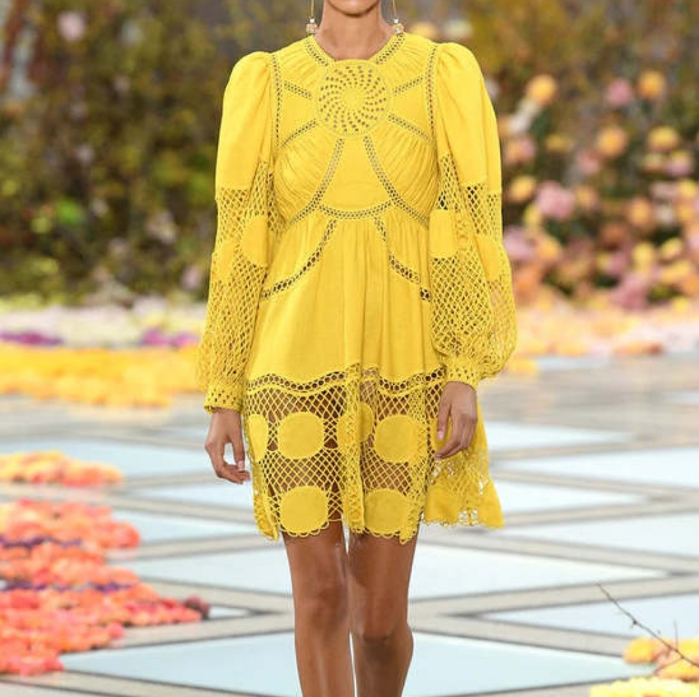 0‎ Ulla Johnson Titania Openwork Crochet Linen Mini Dress in Sunsprite
